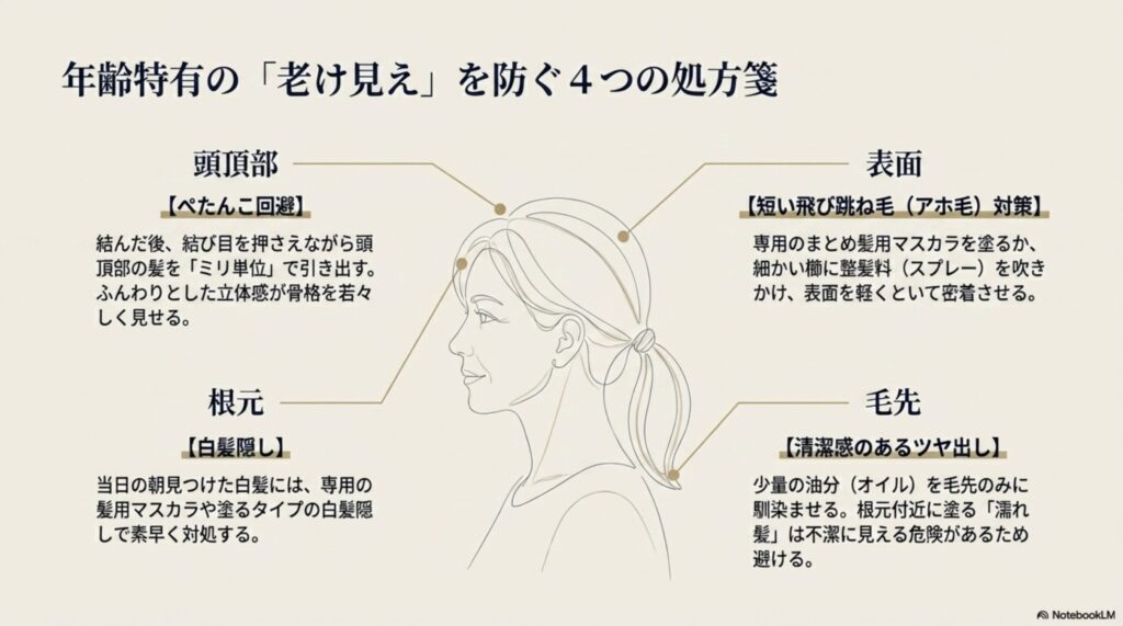 服装の「格」とボリュームに合わせた髪型の重心の取り方。着物着用時の首元をすっきりさせるまとめ髪と、スーツ着用時の全体の均衡を保つ自然な髪型。