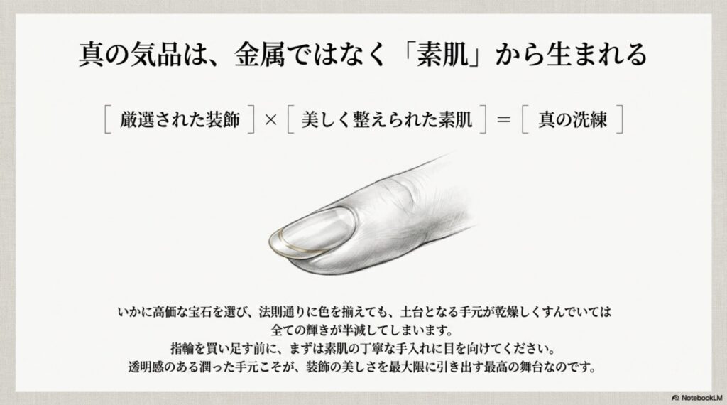 透明感のある潤った手元こそが指輪を輝かせる最高の舞台であるとし、丁寧な手入れの大切さを説くスライド。