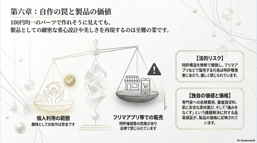 マイヤリングを自作してフリマアプリ等で販売する際の特許権侵害リスクと、正規品の品質保証や価格の理由についての解説