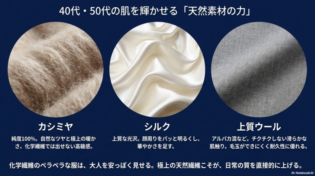 40代・50代の肌を輝かせる天然素材の力。カシミヤ、シルク、上質ウールの特徴と魅力。