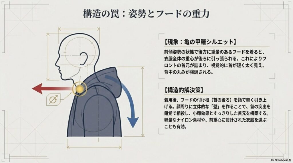 前傾姿勢とフードの重みによって首元が詰まり背中が丸まって見える現象と、フードの付け根を引き上げて解消する方法の解説図