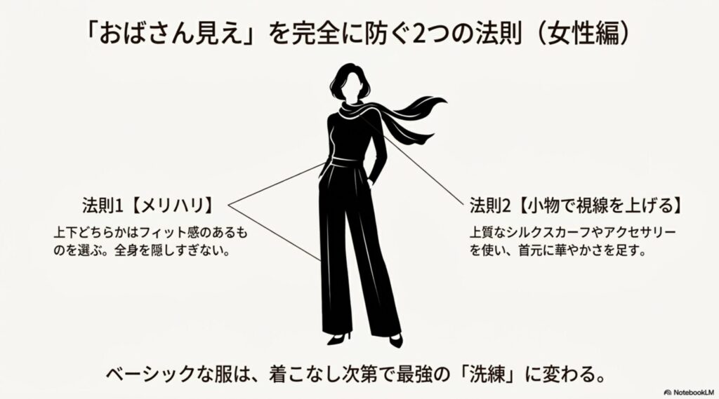 おばさん見えを完全に防ぐ2つの法則（女性編）。法則1：メリハリをつける、法則2：小物で視線を上げる。