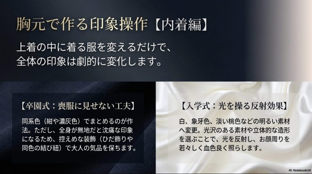 卒園式の「喪服に見せない工夫」と、入学式の「光を操る反射効果」を生む明るい色の素材選びについての解説