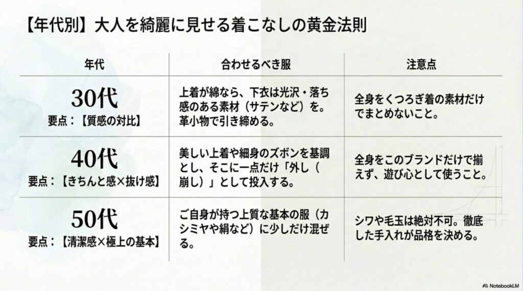 30代は質感の対比、40代はきちんと感と抜け感、50代は清潔感と極上の基本をポイントとした、年代別着こなしの黄金法則一覧表