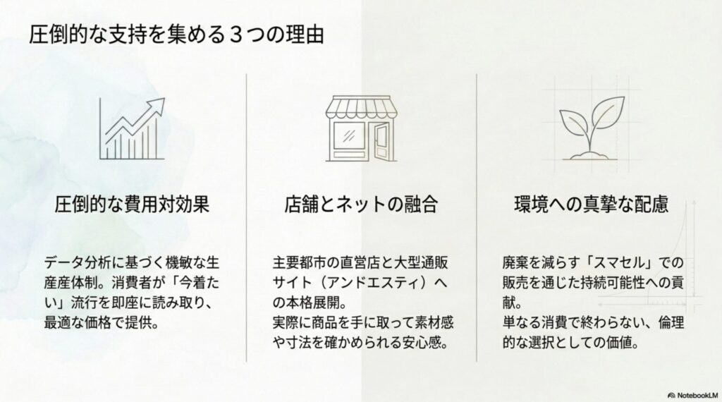 javaブランドが支持される理由として、圧倒的な費用対効果、店舗とネットの融合、環境への真摯な配慮を挙げたスライド