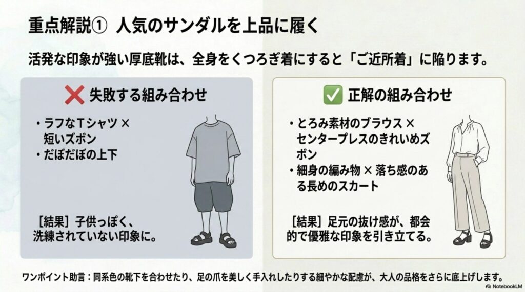 javaの人気厚底サンダルを上品に履くためのNGな合わせ方と、エレガントなボトムスと合わせる正解の組み合わせを比較した解説スライド