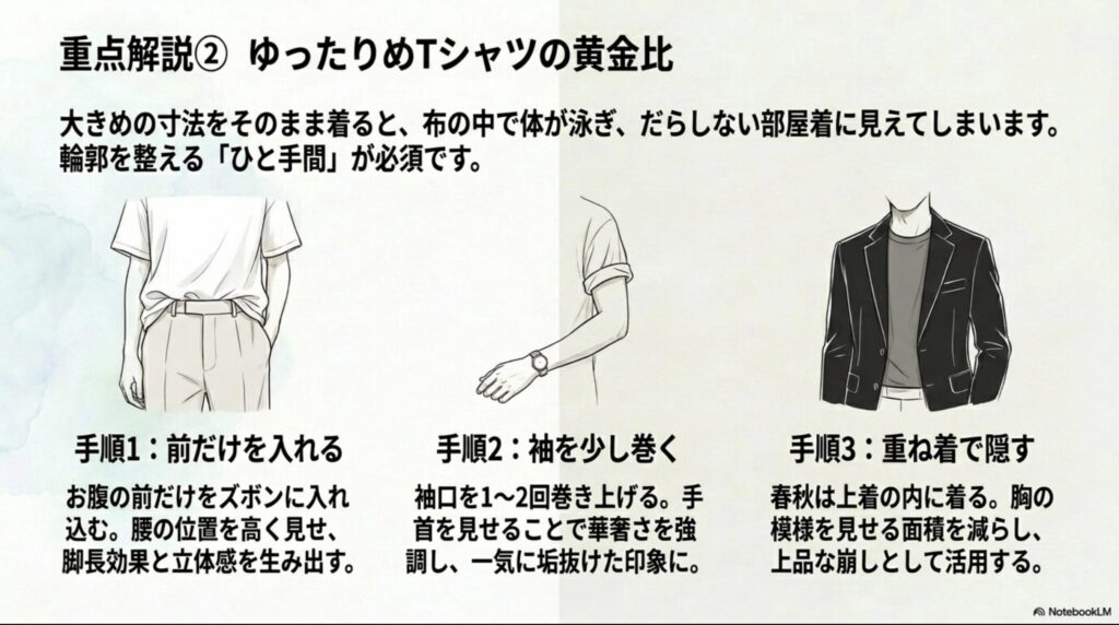 javaのゆったりめTシャツを美しく着こなすための、前だけ入れる、袖を巻く、重ね着で隠すという3つの手順のイラスト解説スライド