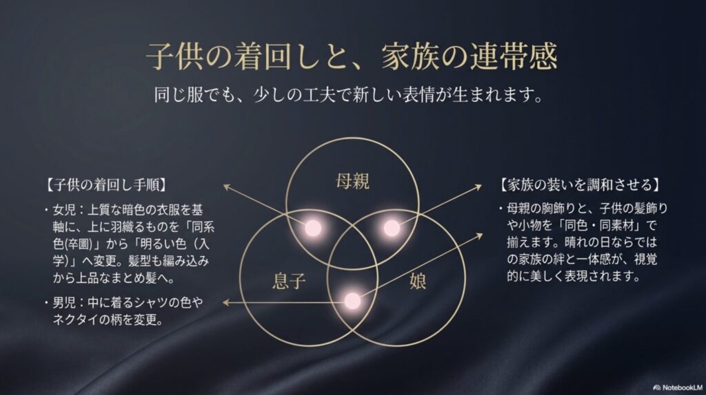男女別の子供服の着回し手順と、母親と小物を同色・同素材で揃える家族の装いの調和についての解説