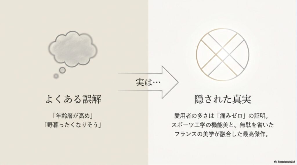 「年齢層が高め」「野暮ったい」というルコックに対するよくある誤解と、実際は痛みゼロの証明やフランスの美学が融合しているという真実を対比させたスライド。