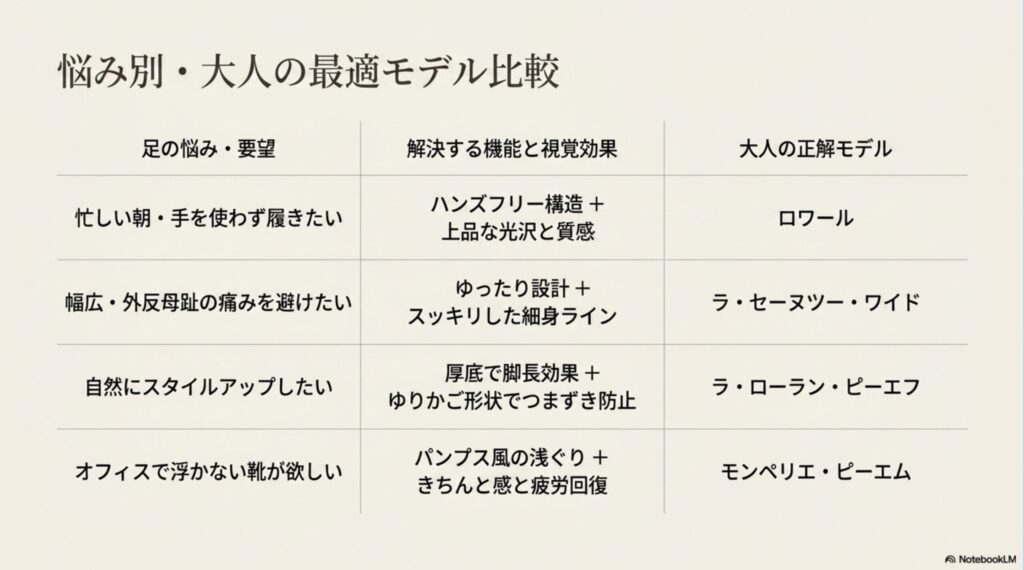 ロワール、セーヌツー・ワイド、ラ・ローラン・ピーエフの3モデルを、悩み（手を使わず履きたい、幅広、スタイルアップしたい等）に合わせて比較した一覧表。