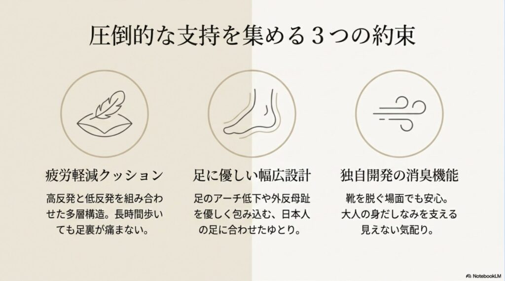 疲労軽減クッション、足に優しい幅広設計、独自開発の消臭機能という、ルコックスポルティフが圧倒的支持を集める3つの約束を解説した図解。