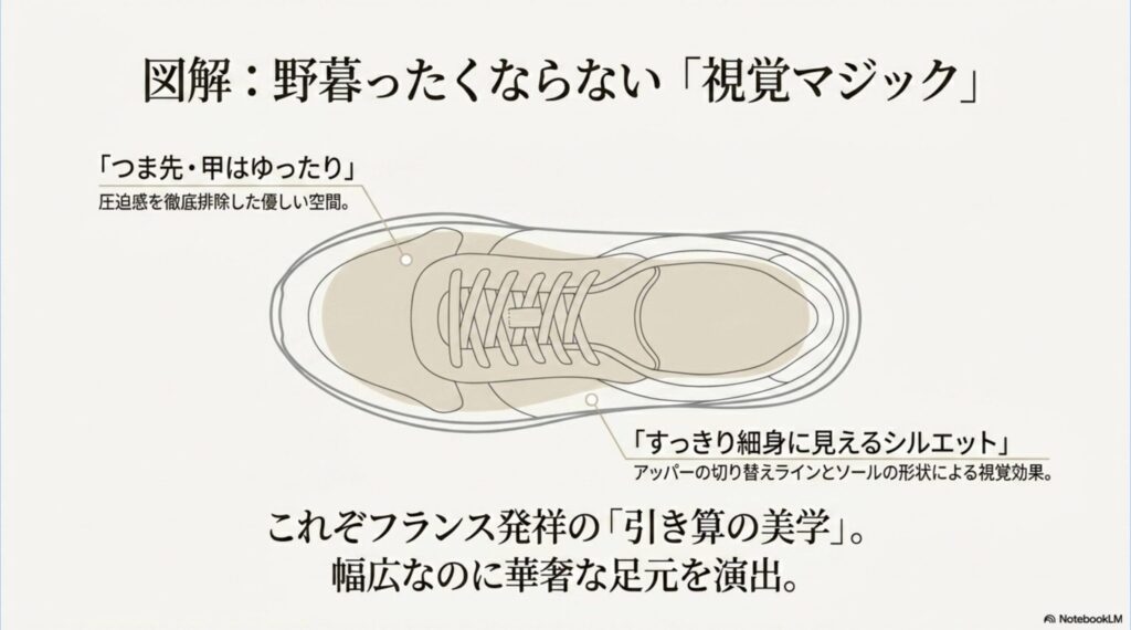 つま先や甲はゆったりさせつつ、アッパーの切り替えライン等でシルエットをすっきり細身に見せる、ルコック独自の引き算の美学を説明した図解。