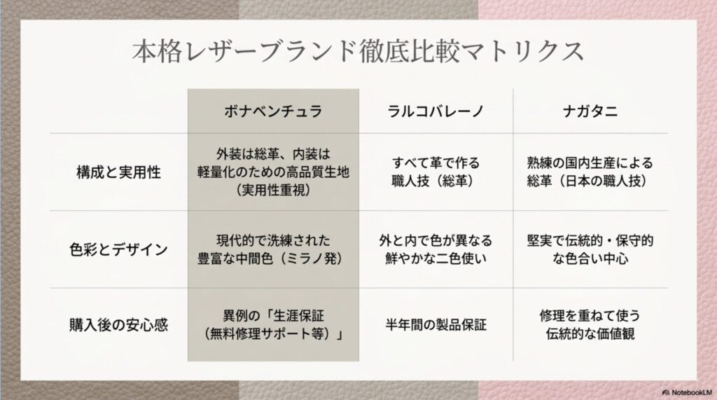 ボナベンチュラ、ラルコバレーノ、ナガタニの3ブランドにおける素材構成、実用性、デザイン、色彩を比較したマトリクス図