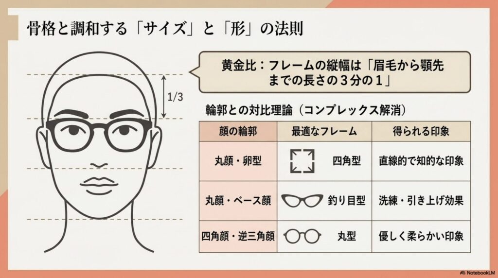 顔の縦幅1/3の黄金比と、顔の輪郭に合わせた最適なフレーム形状（四角型、釣り目型、丸型）の対比理論図解。