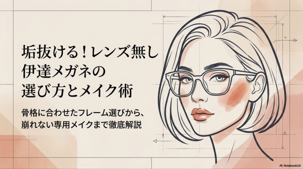 垢抜けるレンズ無し伊達メガネの選び方とメイク術の解説スライド表紙。骨格別フレーム選びから専用メイクまでを網羅。