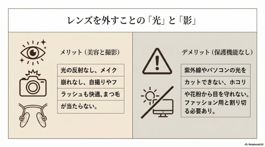 レンズを外すことによる「光」と「影」の解説。メリット（反射なし、メイク崩れなし）とデメリット（保護機能なし）の比較表。