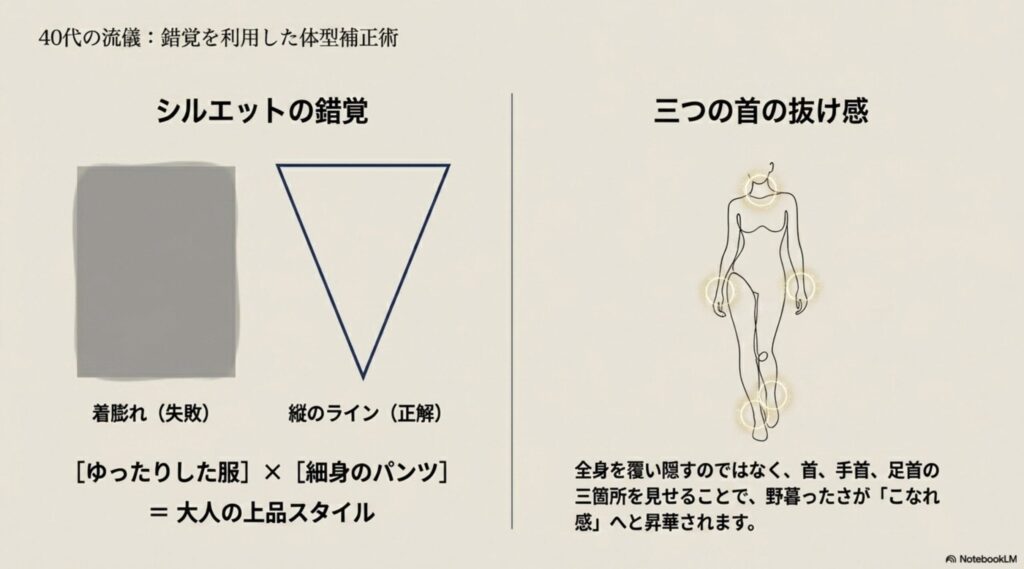ゆったりした服に細身のパンツを合わせる「縦のライン」の作り方と、首・手首・足首を見せる抜け感の解説