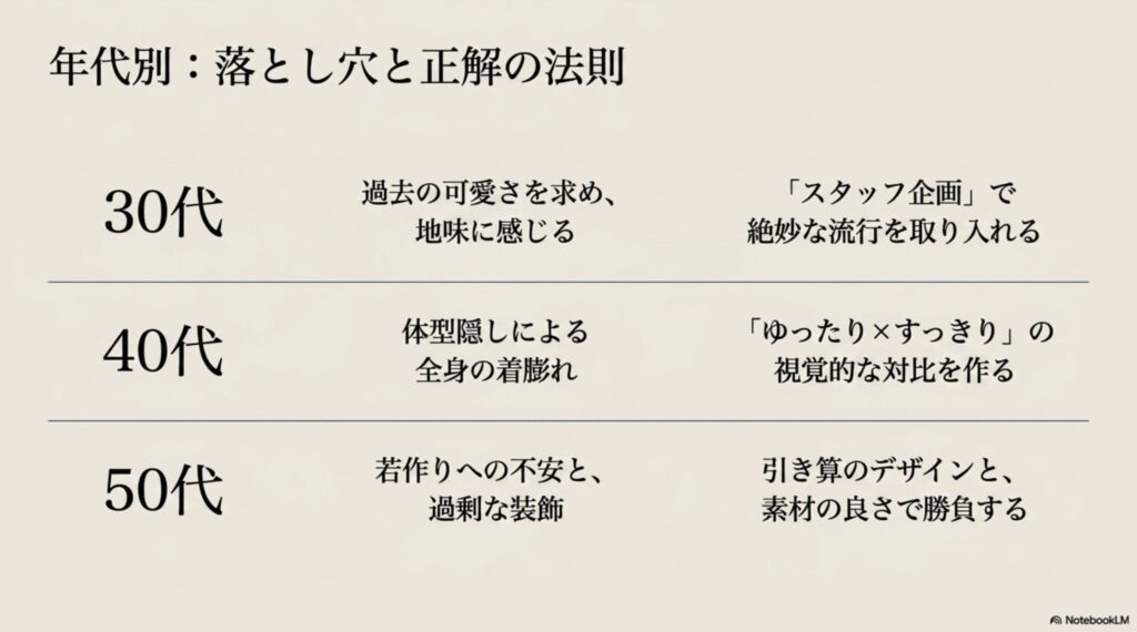 服と小物の比率（7:3）や、ネイビー・白・ベージュ・グレーの四色を主軸にしたコントラストの作り方を解説する図解