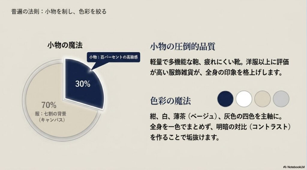 年代ごとに異なる「地味」「着膨れ」「過剰な装飾」といった悩みと、それぞれの解決策（スタッフ企画、視覚的対比、引き算のデザイン）をまとめた表