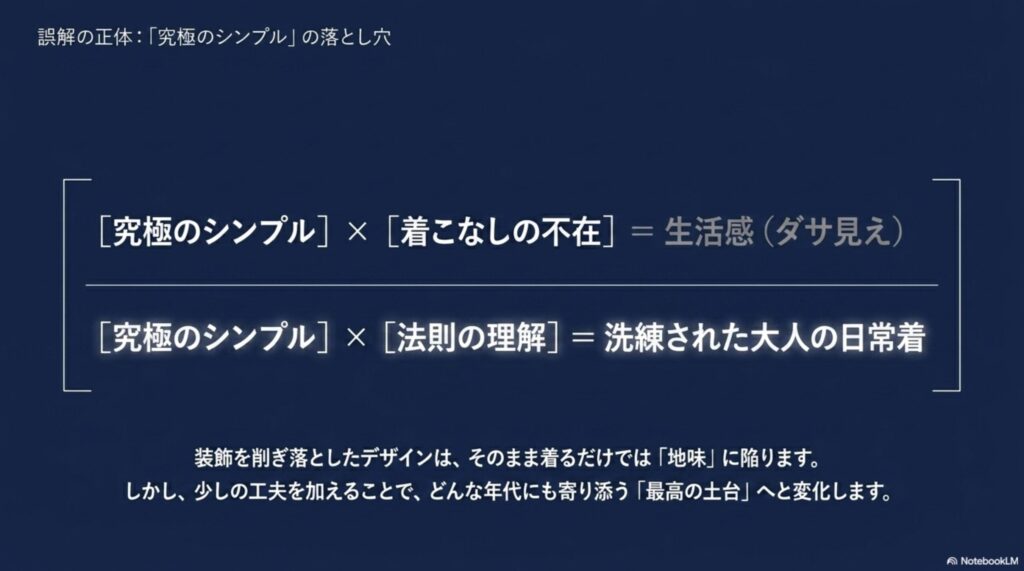 「シンプル×着こなしの不在＝生活感（ダサ見え）」と「シンプル×法則の理解＝洗練された大人の日常着」という比較図