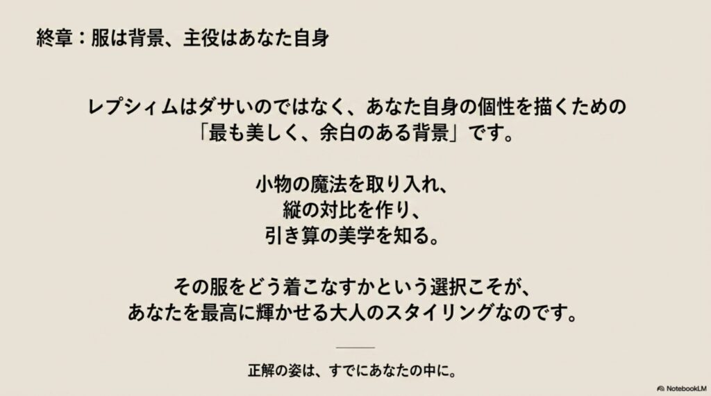 「レプシィムは個性を描くための余白のある背景」というメッセージと、着こなしの選択の重要性を説くメッセージスライド