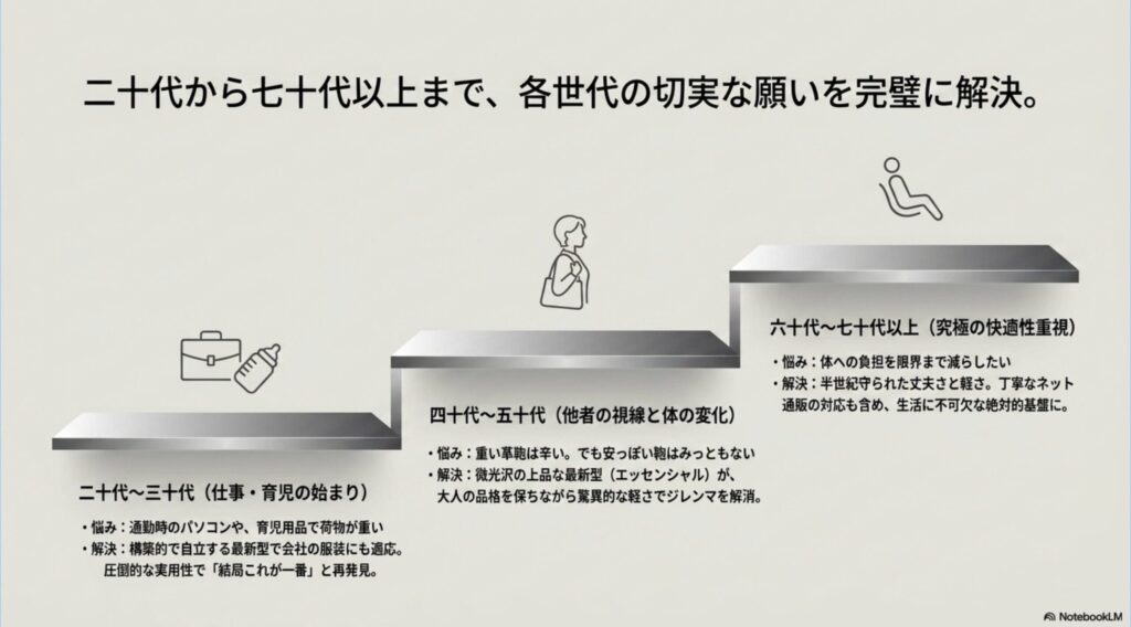 20代の仕事・育児から、40代・50代の葛藤、60代以上の実用性重視まで、各世代のニーズをレスポートサックがどう解決するかをまとめたスライド。