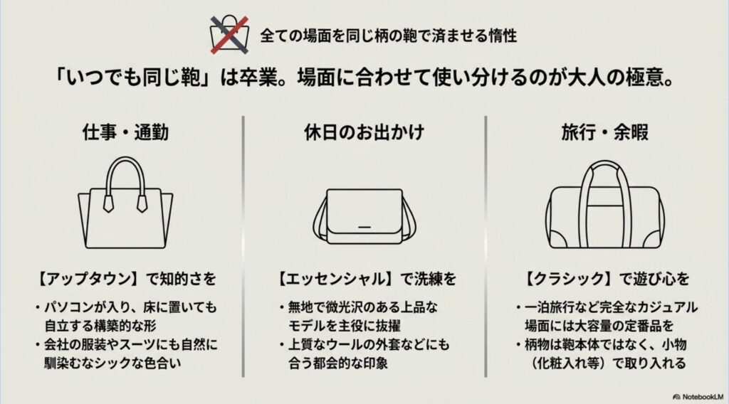 「いつでも同じ鞄」を卒業し、仕事・通勤用のアップタウン、休日のお出かけ用のエッセンシャル、旅行・余暇用のクラシックなど、場面に合わせてレスポートサックを使い分ける大人の極意を解説した図解スライド 。
