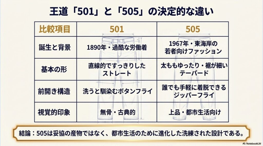リーバイス501と505の誕生背景、基本の形、前開き構造、視覚的印象の違いをまとめた比較表