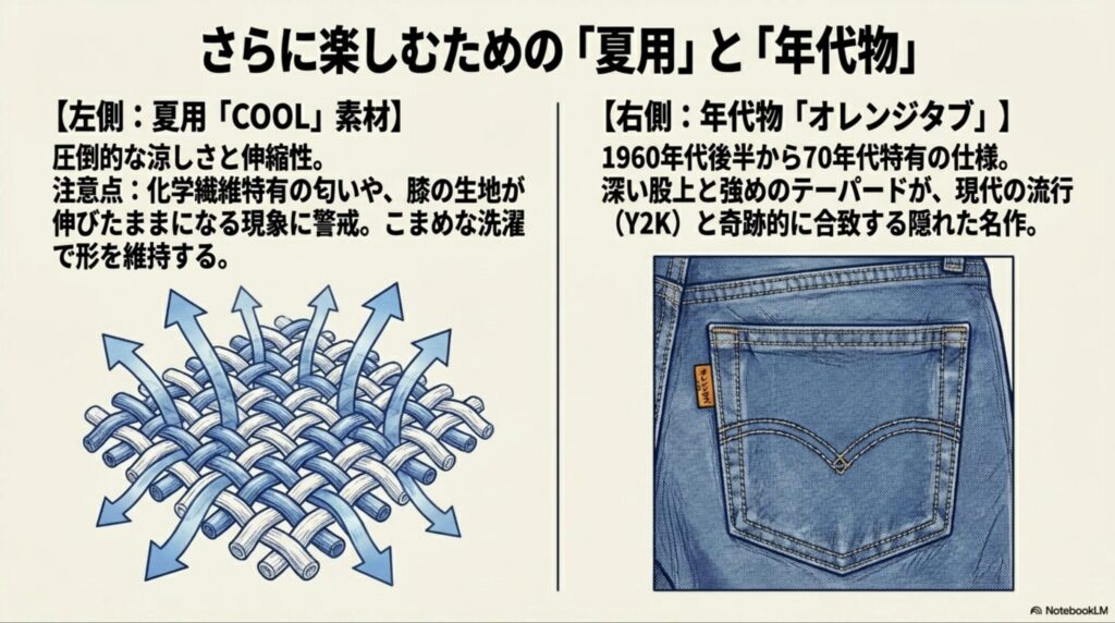 涼しさと伸縮性が特徴の夏用COOL素材と、深い股上と強めのテーパードが特徴の年代物オレンジタブの解説