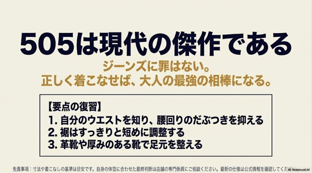 ウエストを知る、裾を短くする、靴で整えるという着こなしの要点復習と、505は現代の傑作であるというメッセージ