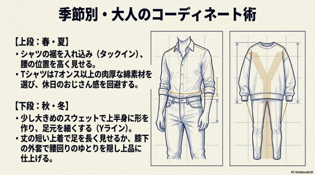 春夏はシャツのタックインや肉厚なTシャツ、秋冬は大きめスウェットや上着の丈を活かすといった季節ごとのコーディネート術