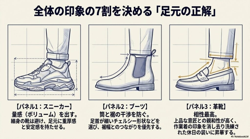 量感を出すスニーカー、筒と裾の干渉を防ぐブーツ、相性最高の革靴といった足元コーディネートのポイント