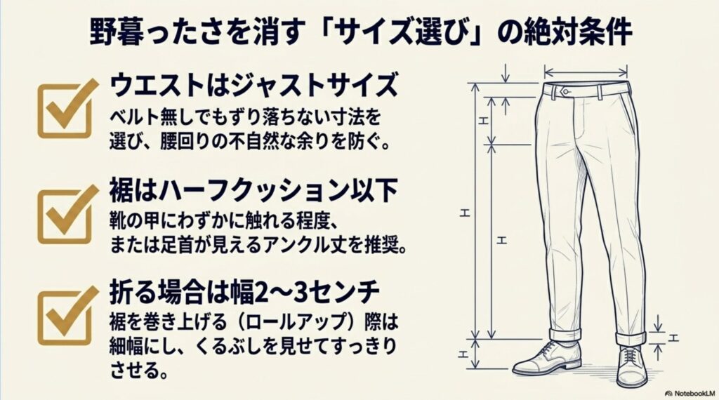 ウエストはジャストサイズ、裾はハーフクッション以下、ロールアップは幅2〜3センチという、505のサイズ選びのポイント