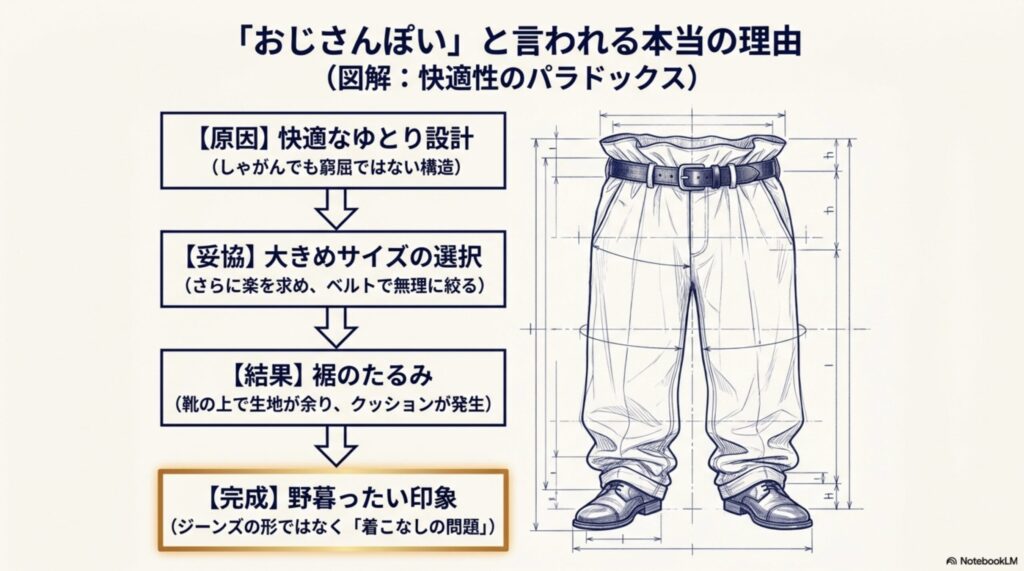 快適なゆとり設計、大きめのサイズ選び、裾のたるみによって野暮ったい印象が完成してしまう「快適性のパラドックス」の図解