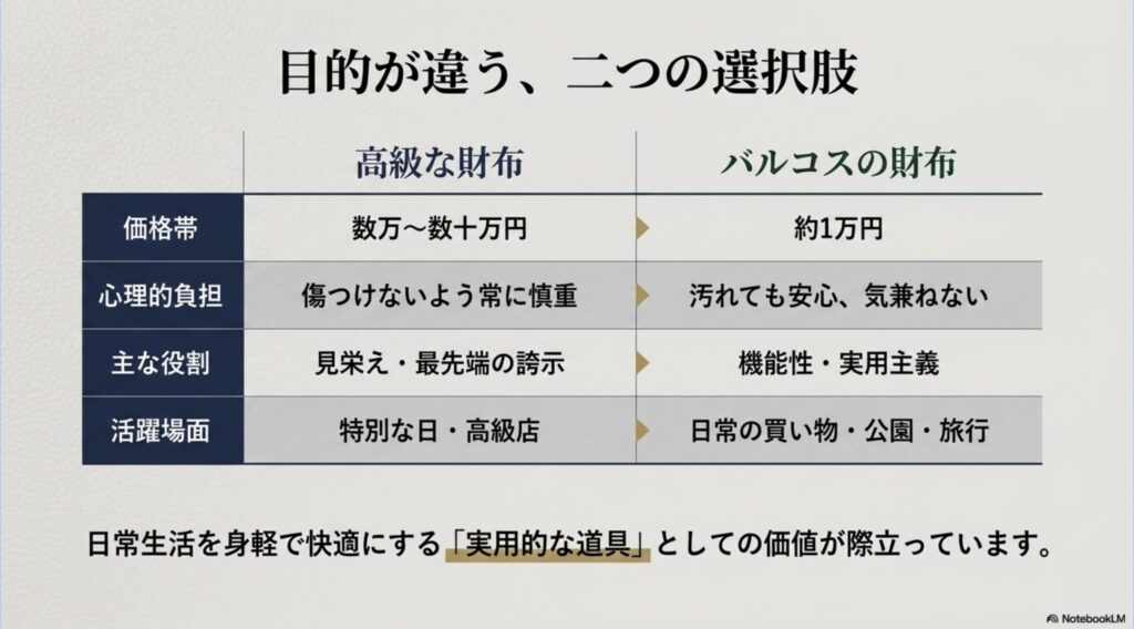 高級財布とバルコスの財布を、価格帯、心理的負担、役割、活躍場面の4つの項目で比較したまとめ表
