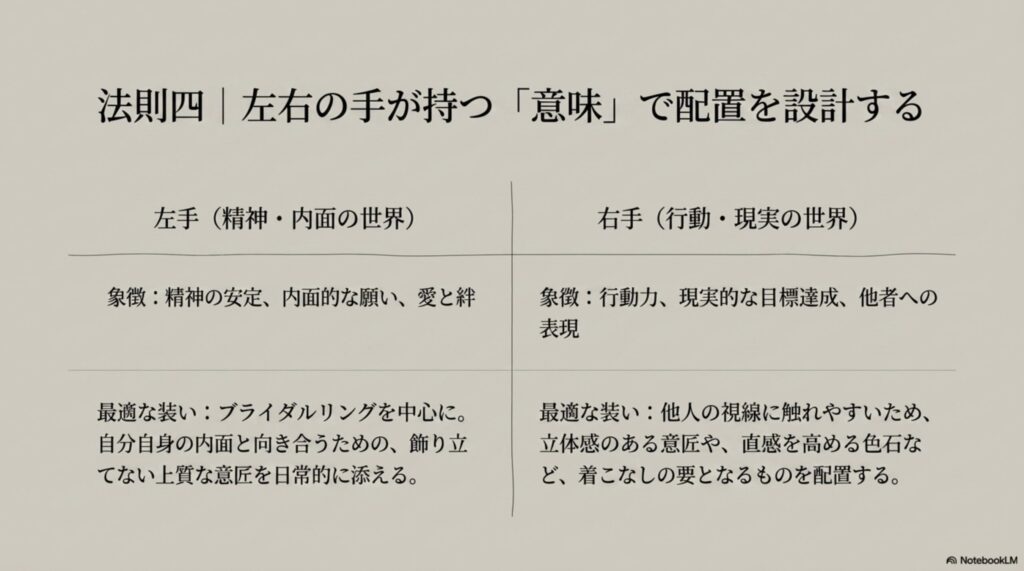 左手(精神・内面)と右手(行動・現実)が持つ象徴的な意味の違いと、それぞれの手に適したリングの装い方を解説するスライド。