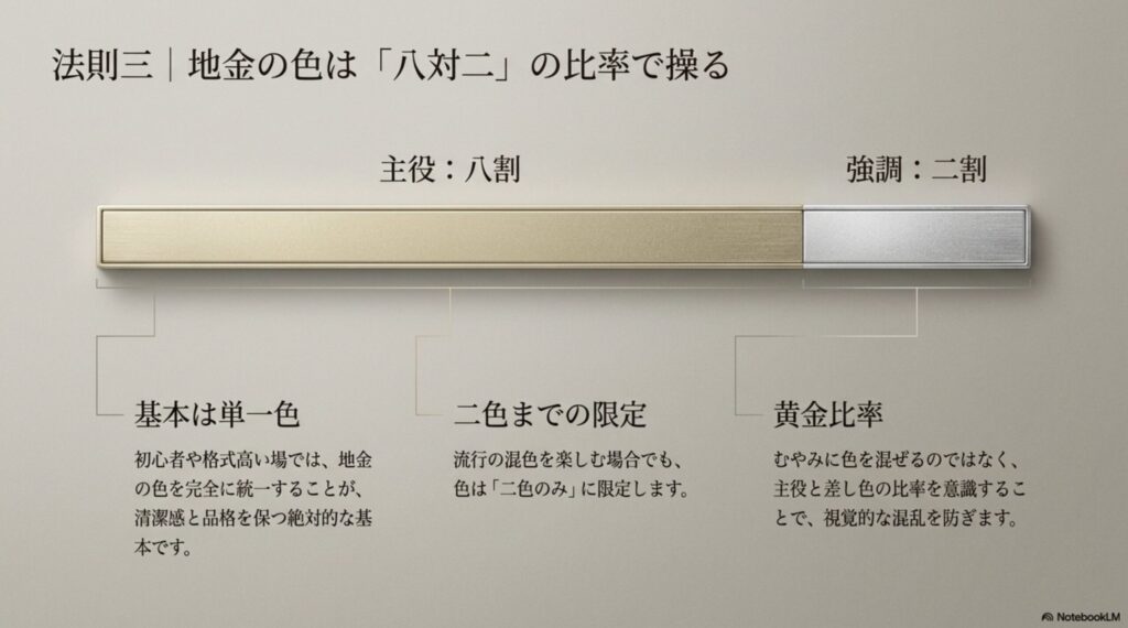地金の色を「8対2」の比率(主役8割、強調2割)で操ることで、視覚的な混乱を防ぎ、洗練された混色を楽しむためのスライド。