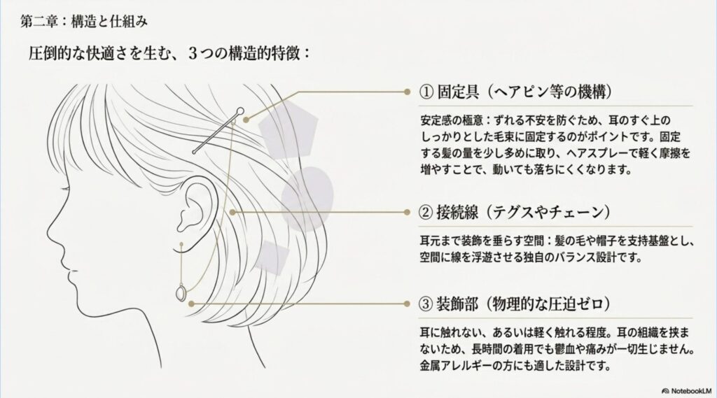 圧倒的な快適さを生む、マイヤリングの固定具・接続線・装飾部という3つの構造的特徴