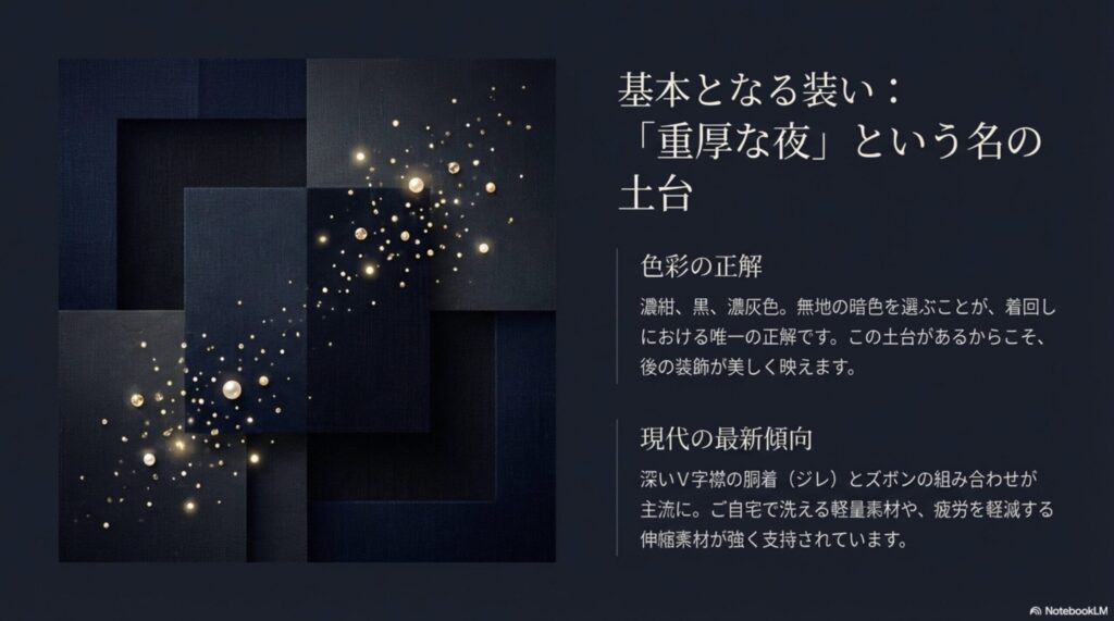 着回しの土台となる濃紺、黒、濃灰の無地スーツの重要性と、最新のジレ・パンツスタイルのトレンド紹介