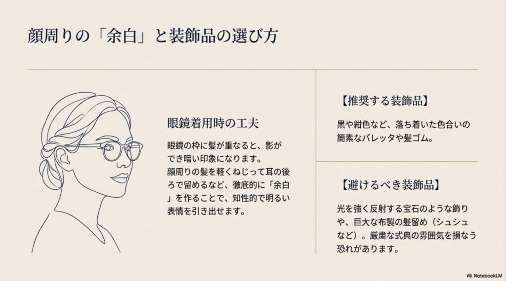 顔周りの「余白」の作り方や眼鏡着用時の工夫、当日の朝を劇的に楽にするための前夜のトリートメントやドライヤーを使った仕込み手順。