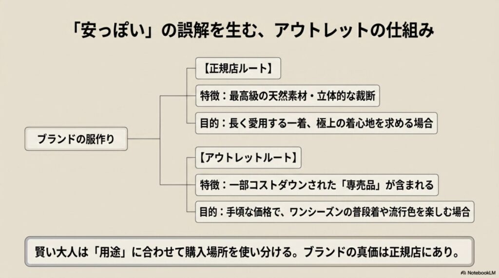 安っぽいの誤解を生むアウトレットの仕組み。最高級素材を使う正規店ルートと、コストダウンされた専売品が含まれるアウトレットルートの違い。