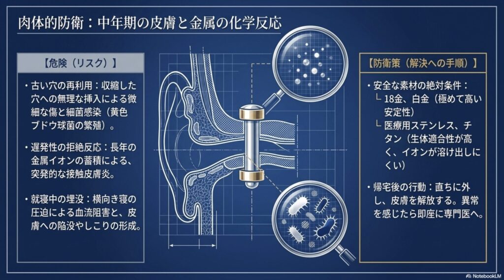 中年期の皮膚と金属の化学反応による細菌感染や接触皮膚炎などの肉体的防衛策
