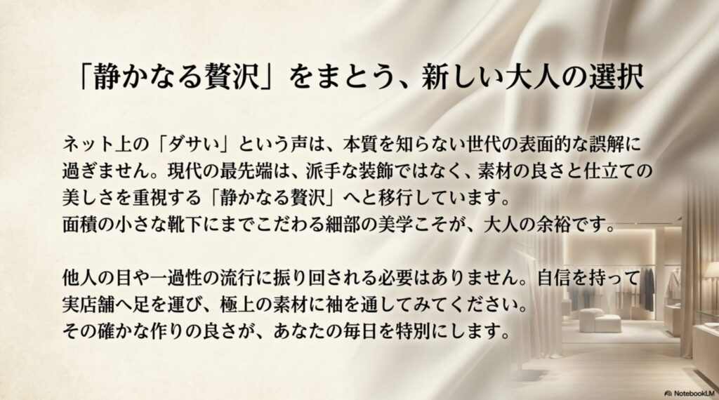 静かなる贅沢をまとう新しい大人の選択。派手な装飾ではなく素材の良さと仕立ての美しさを重視する時代の潮流。