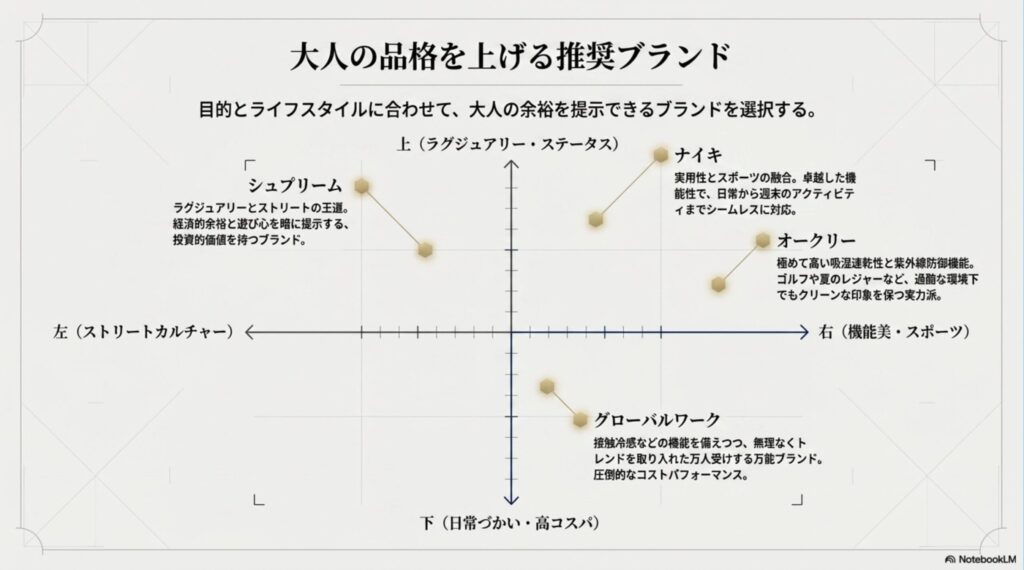 Supreme、Nike、OAKLEY、GLOBAL WORKなど、価格帯やスタイル別に大人の男性・女性におすすめのブランドを分類した比較図