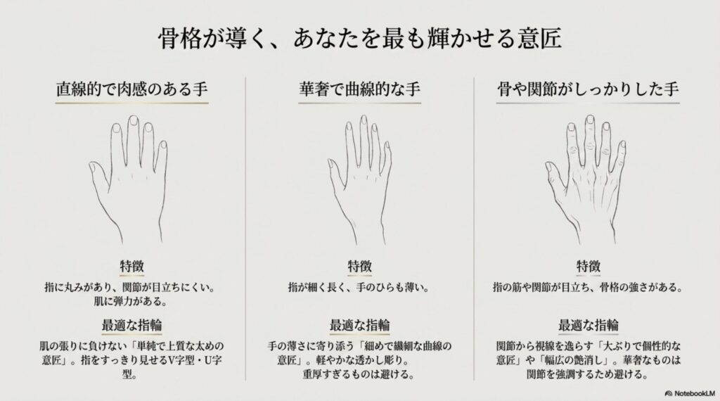 直線的・曲線的・骨感があるといった手の特徴に合わせ、V字型や透かし彫り、大ぶりな意匠など最適なデザインを分類した一覧。