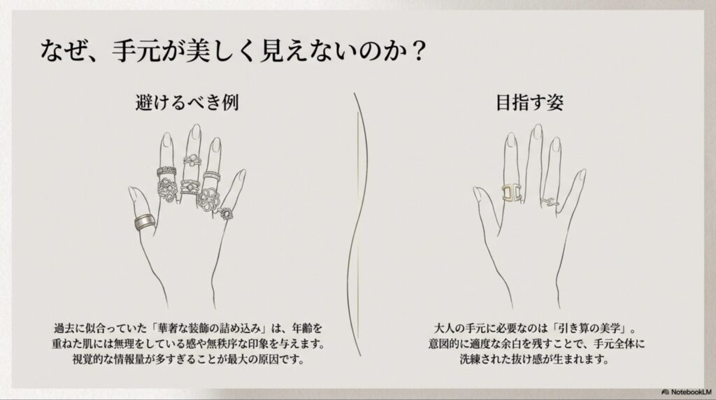 華奢な装飾の詰め込みすぎがNG例として示され、適度な余白を残す「引き算の美学」が洗練された手元を作ることを説明する比較スライド。