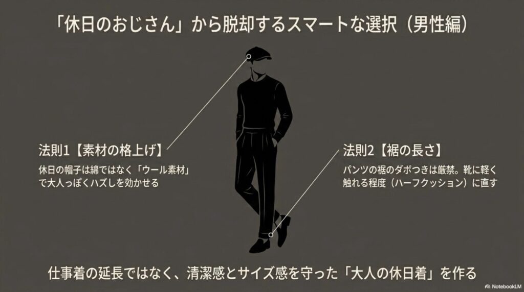 休日のおじさんから脱却するスマートな選択（男性編）。法則1：素材の格上げ、法則2：裾の長さをハーフクッションに直す。