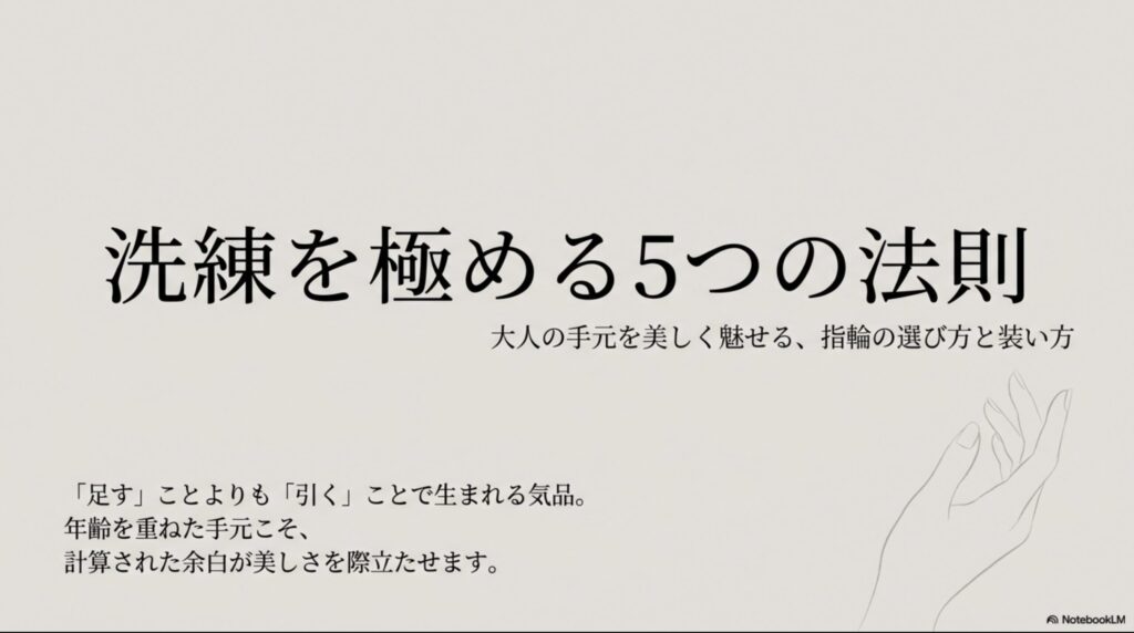 「洗練を極める5つの法則」と書かれた、大人の手元を美しく魅せる指輪の選び方と装い方のスライド表紙。