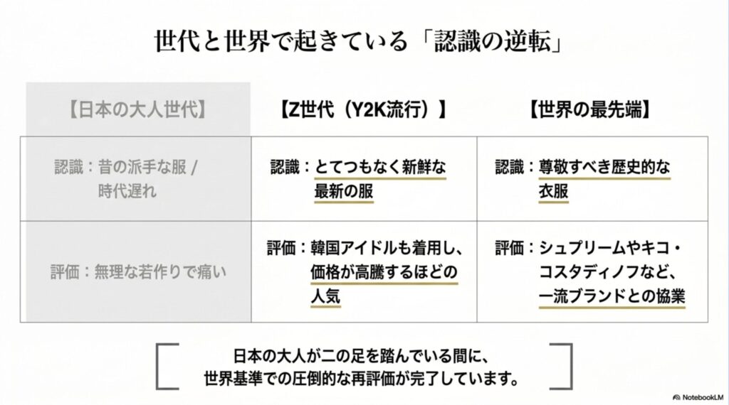 服がダサいのではなく着こなしが止まっているという注意喚起と、過剰な足し算など大人が陥りがちな罠を解説したスライド