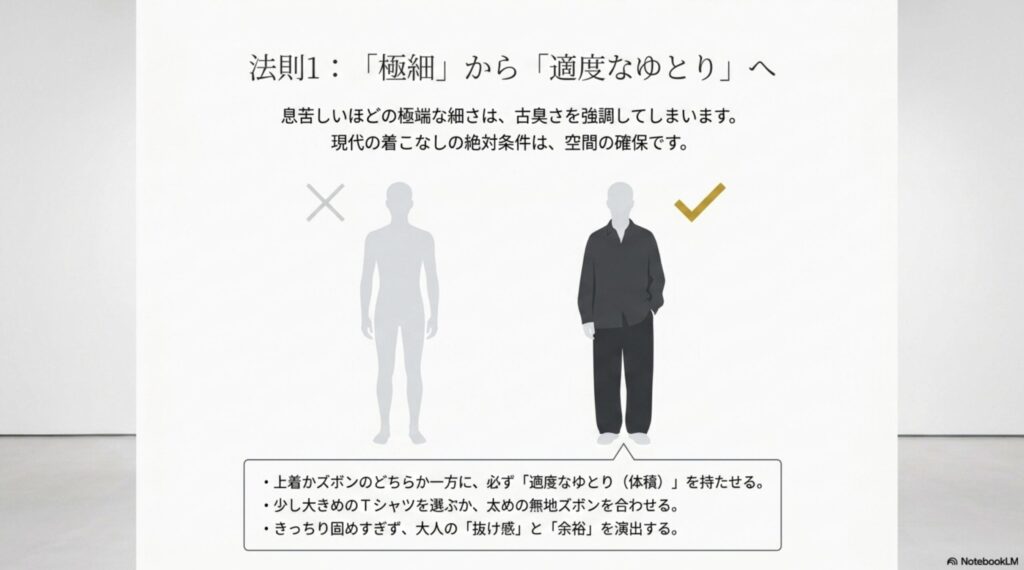 現代の着こなしの絶対条件である、極細シルエットから適度なゆとりを持たせたスタイリングへの変更を促すスライド